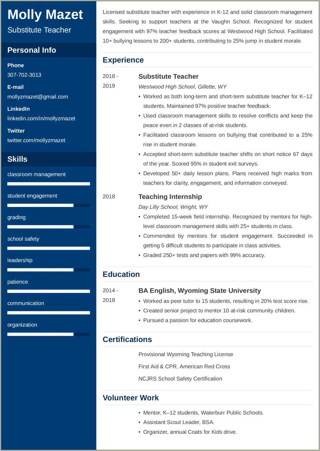 Resume Objective For Substitute Teacher Zety