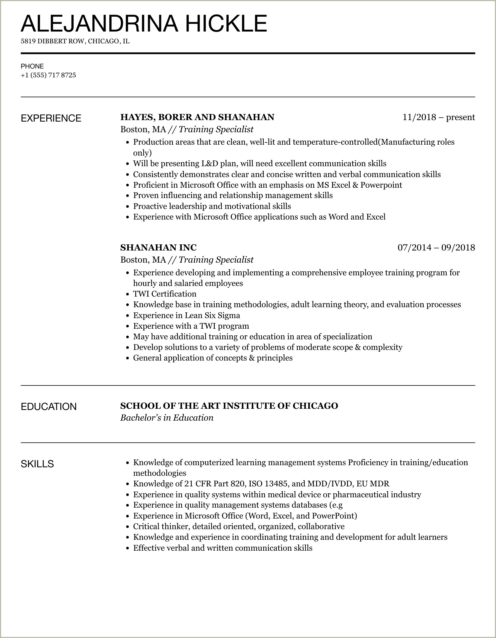 Resume Objective For Training Specialist Position