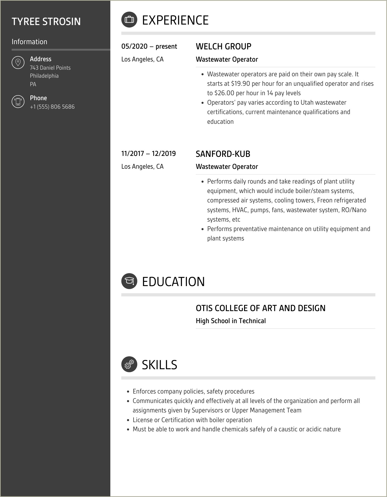 Resume Objective For Wastewater Treatment Operator