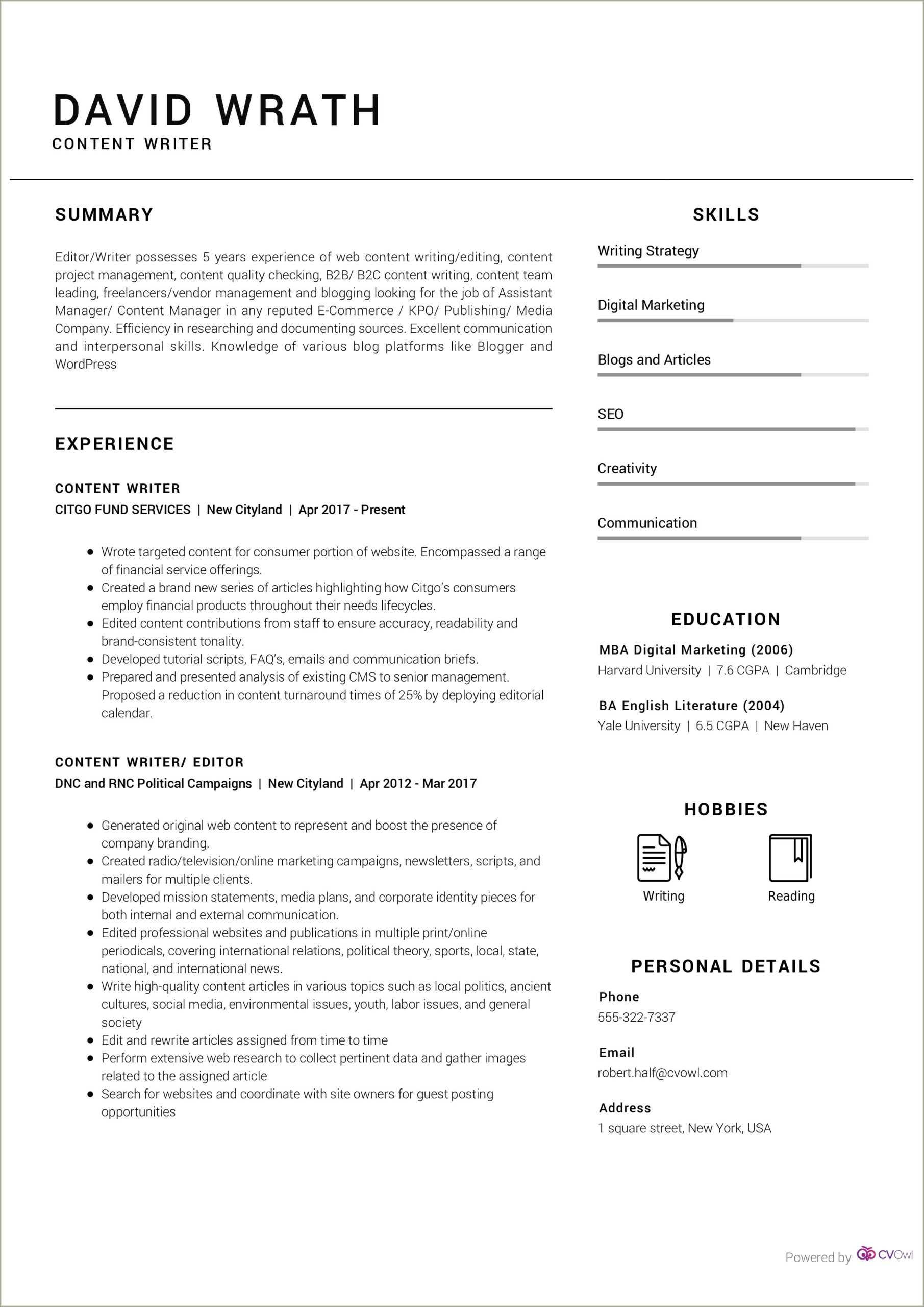 Resume Objective For Web Content Writing