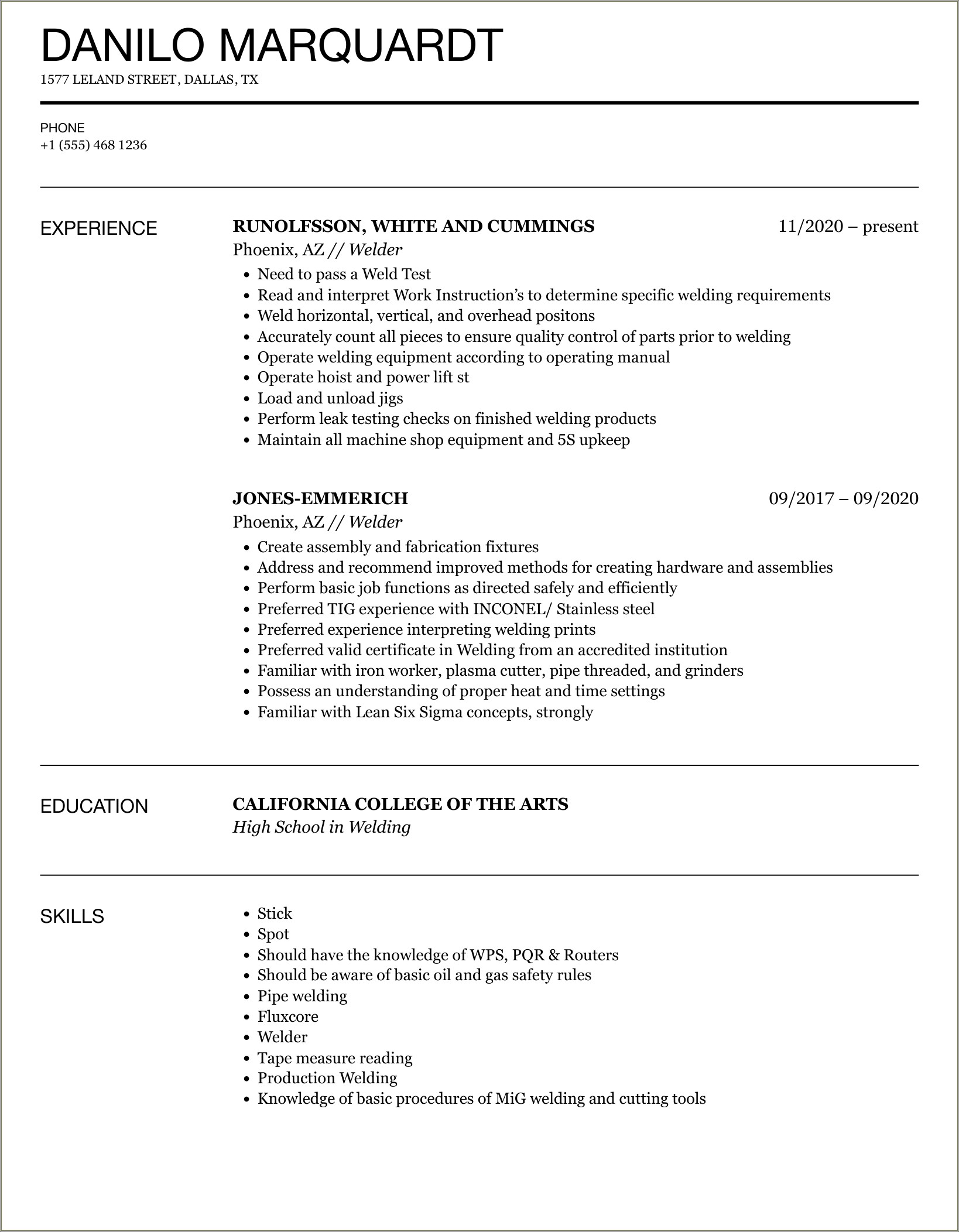 Resume Objective For Welder And Carpanter