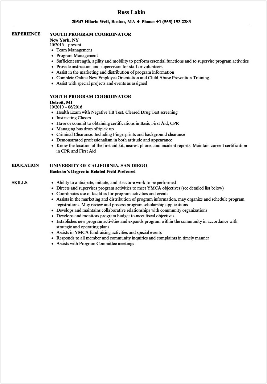 Resume Objective For Youth Program Coordinator