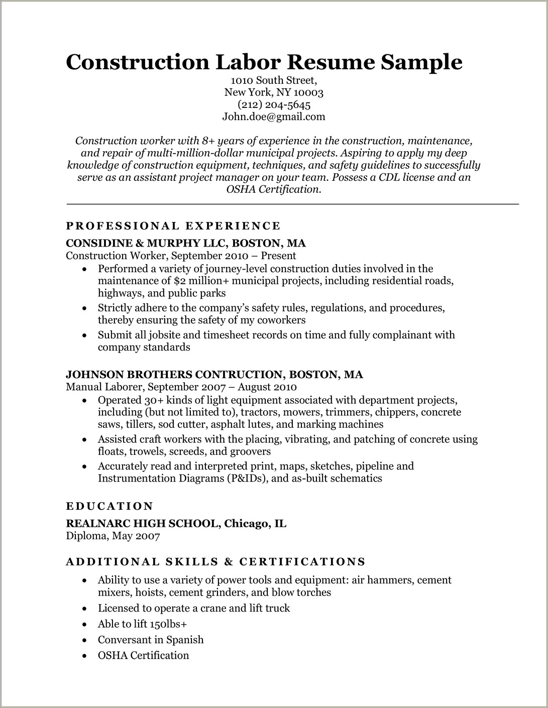 Resume Objective Sample For Construction Laborer