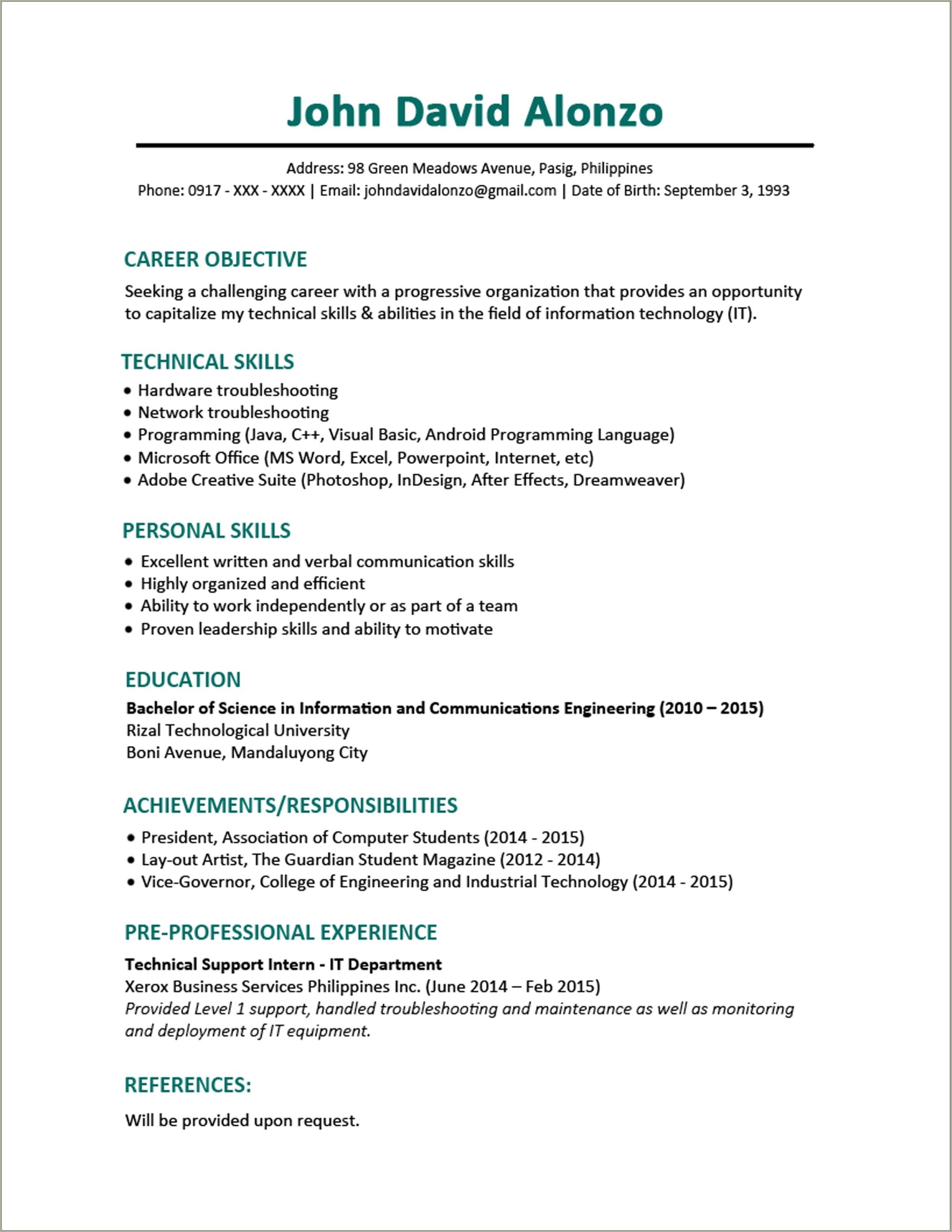 Resume Objective Sample For It Professional