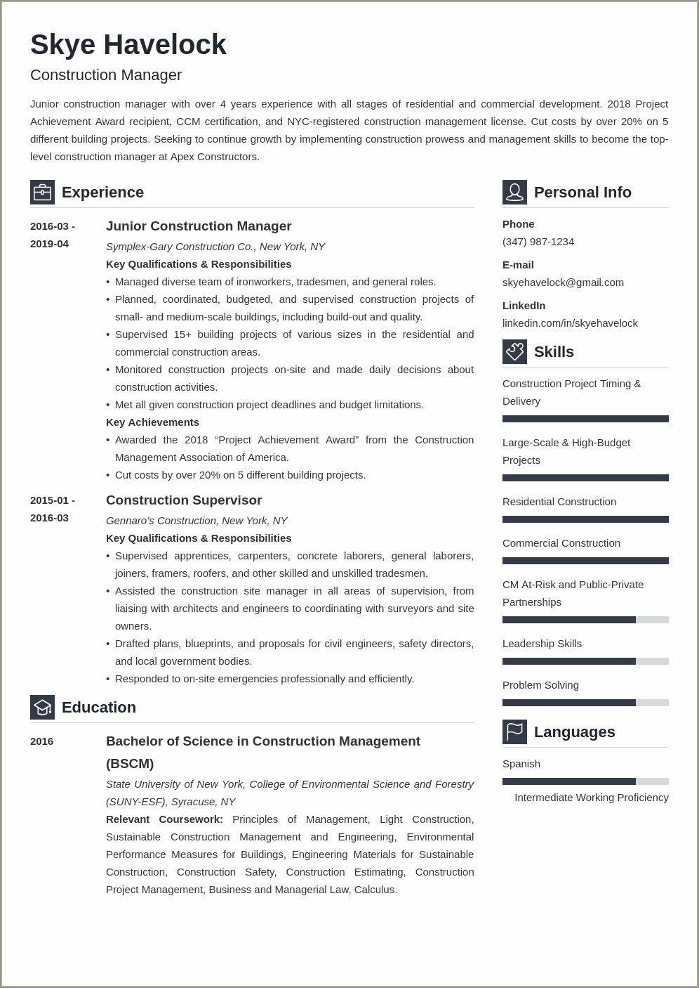 Resume Objective Samples Construction Project Manager