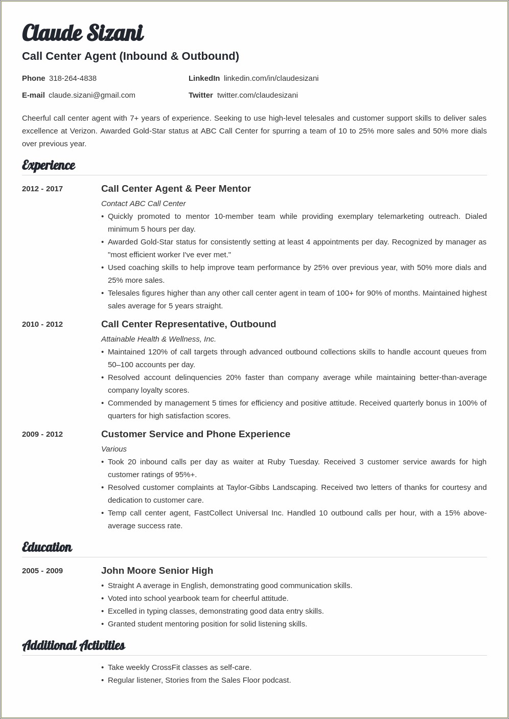 Resume Objective Samples For Call Center