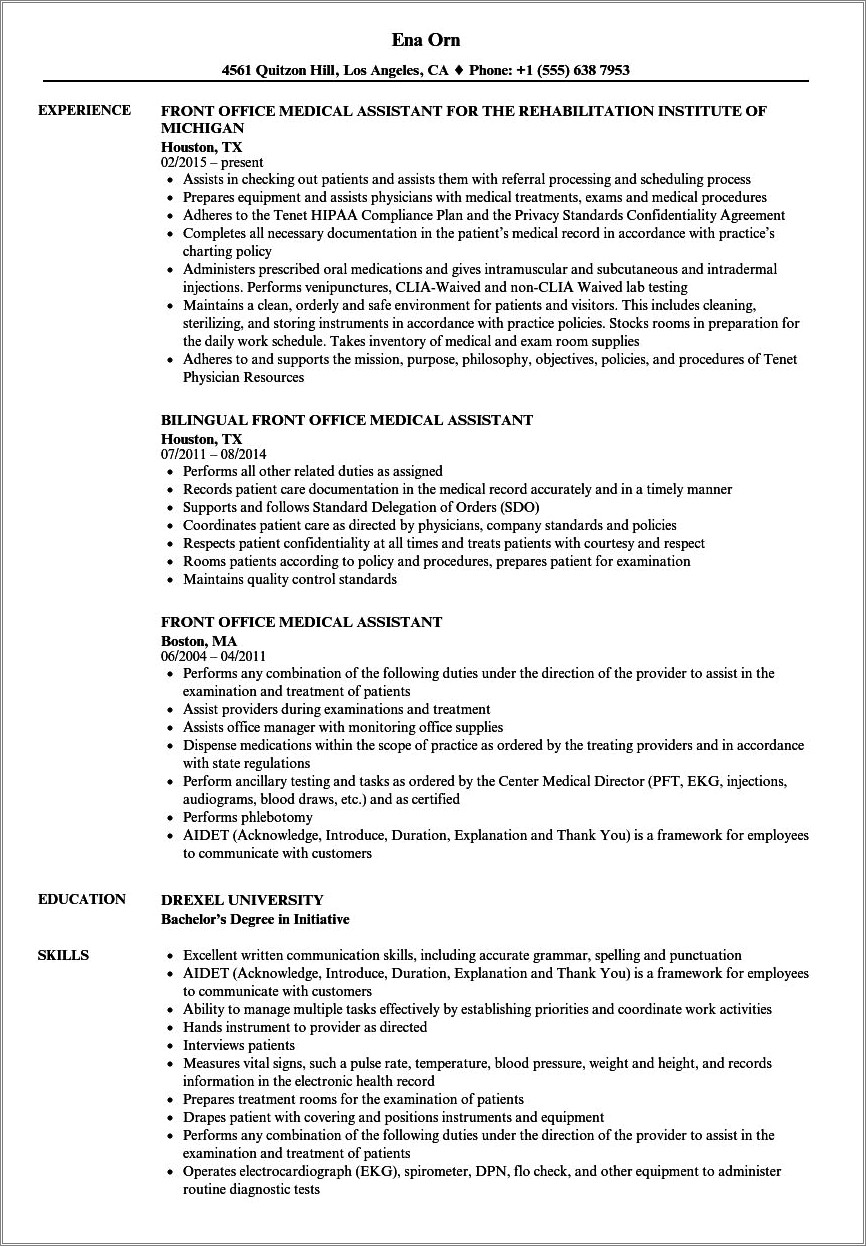 Resume Objective Samples For Medical Office Coordinator