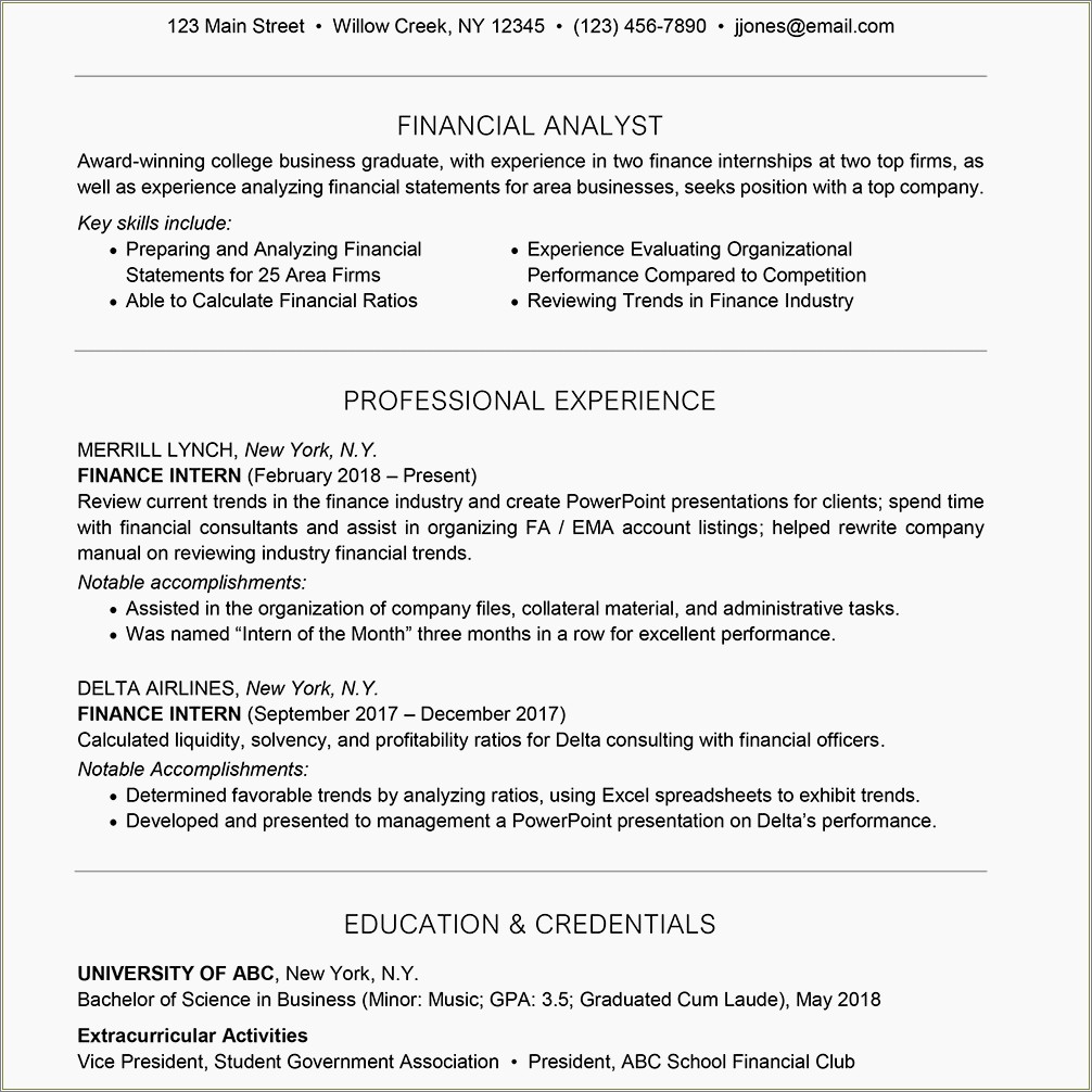 Resume Objective Section For Student Internship