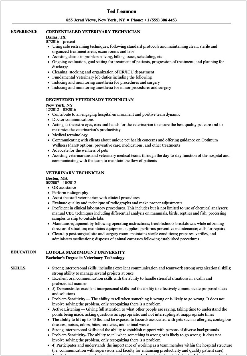 Resume Objective Sentence For Working At A Vet