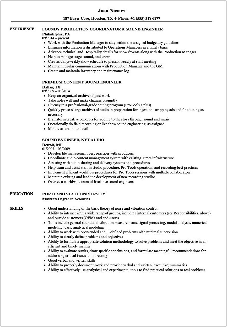 Resume Objective Statement Example Audio Engineer