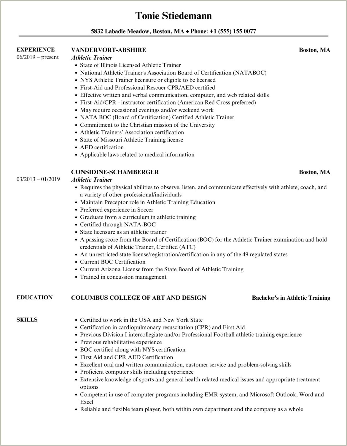 Resume Objective Statement For Athletic Trainer