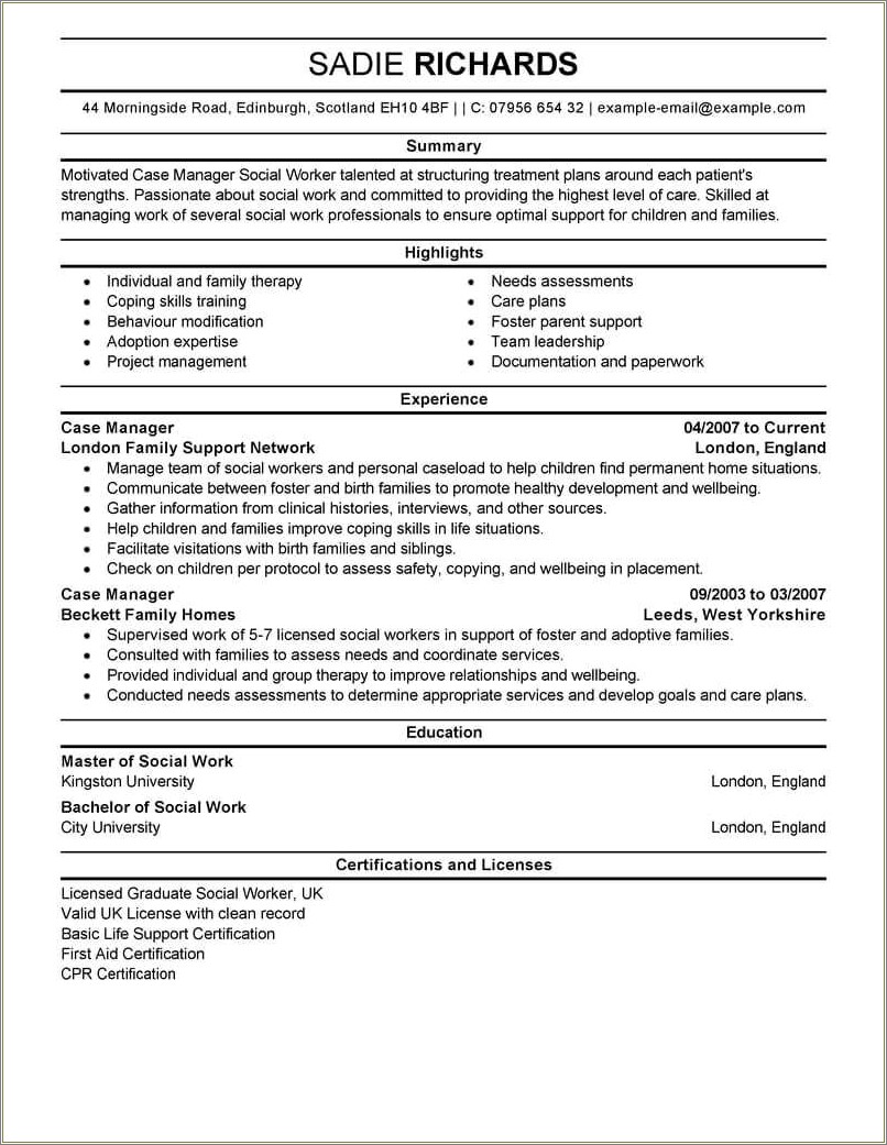 Resume Objective Statement For Case Manager