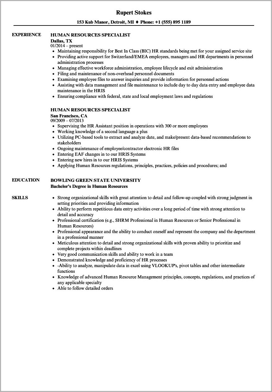 Resume Objective Statement For Human Resource Specialist Position