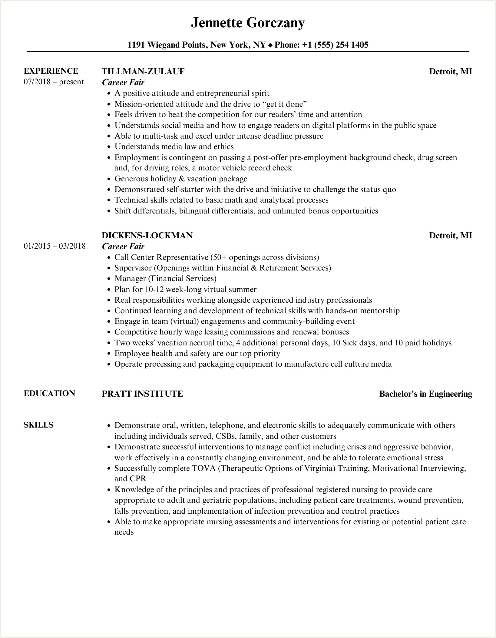 Resume Objective Statement For Job Fair