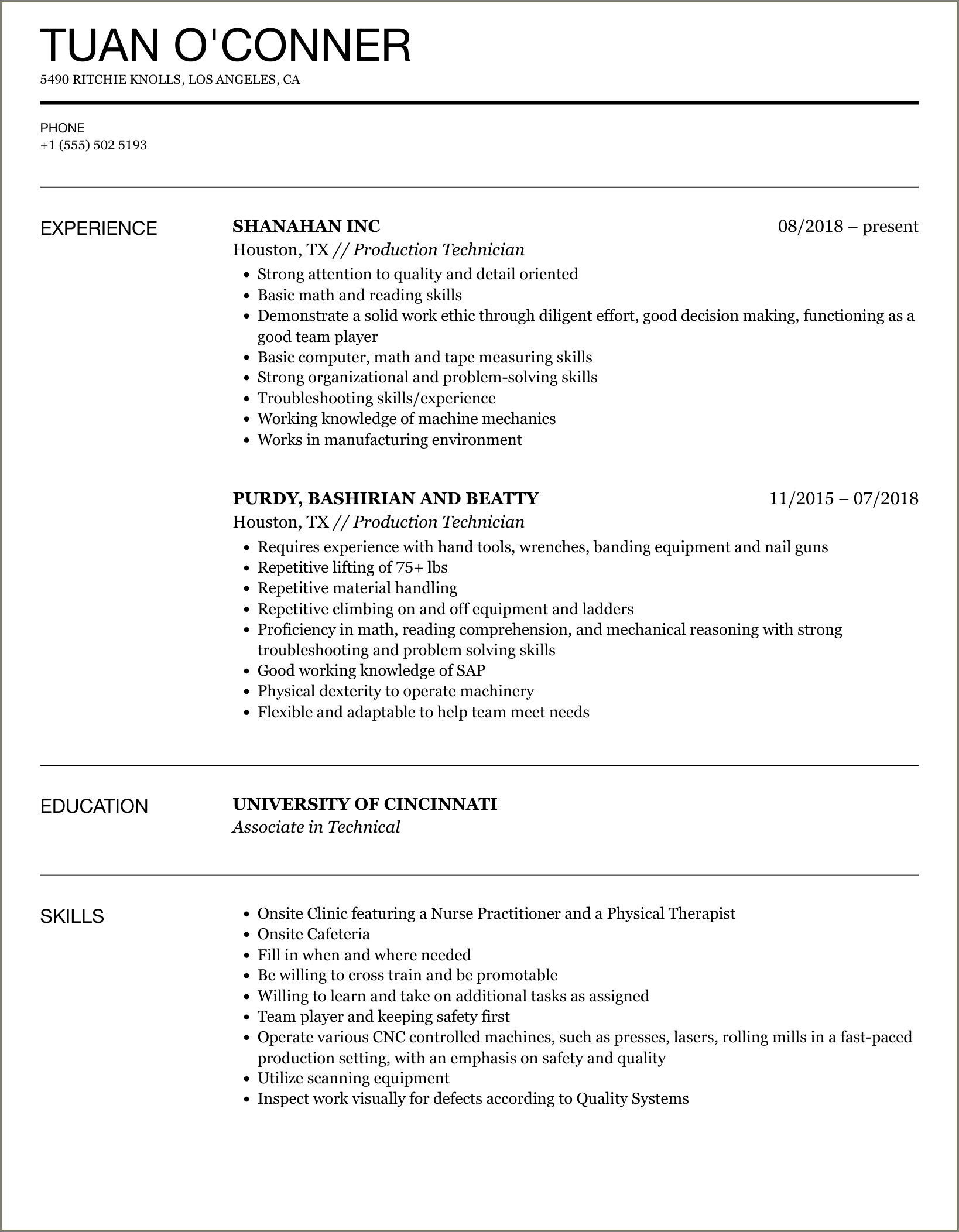 Resume Objective Statement For Manufacturing Technician