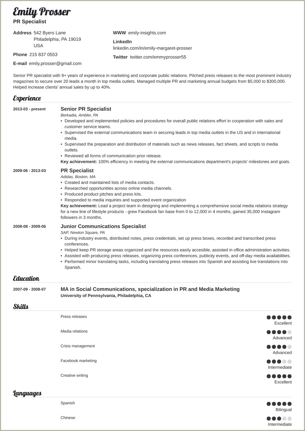 Resume Objective Statement For Public Relations