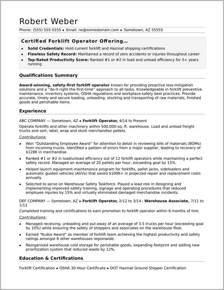 Resume Objective Summary Examples Forklift Operator