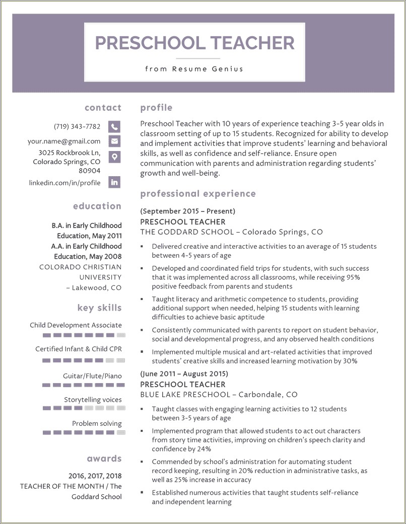 Resume Objective To Work In A Preschool