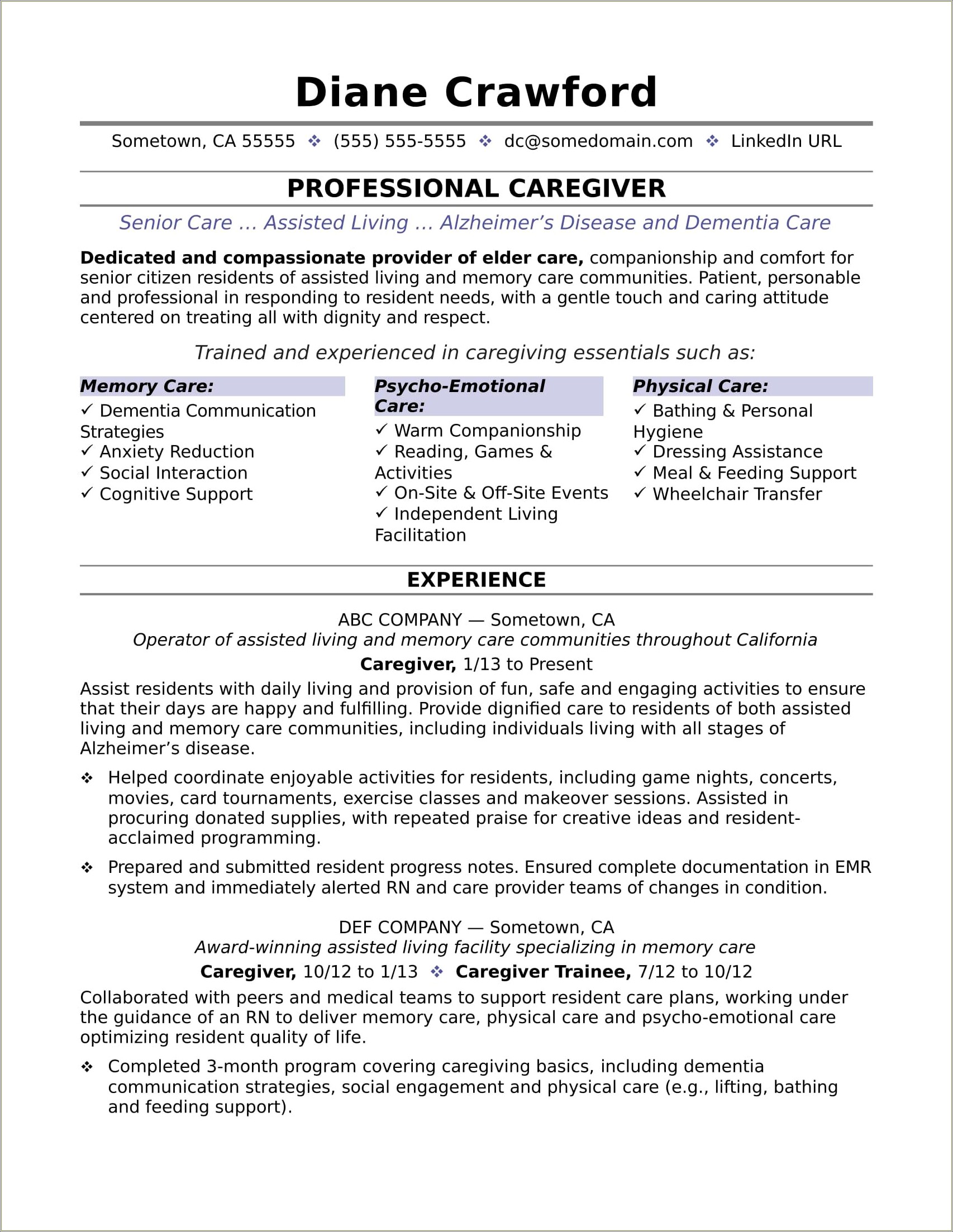 Resume Objectives For A Caregiver Position