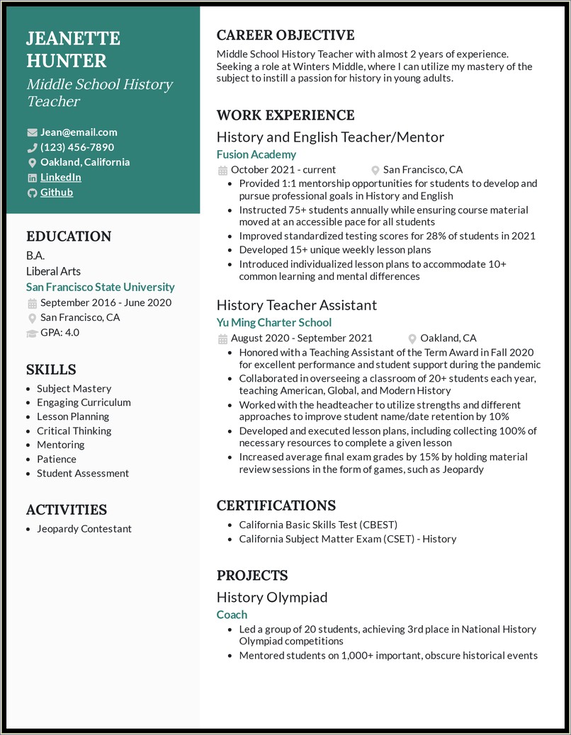 Resume Objectives For A Middle Achool Teacher