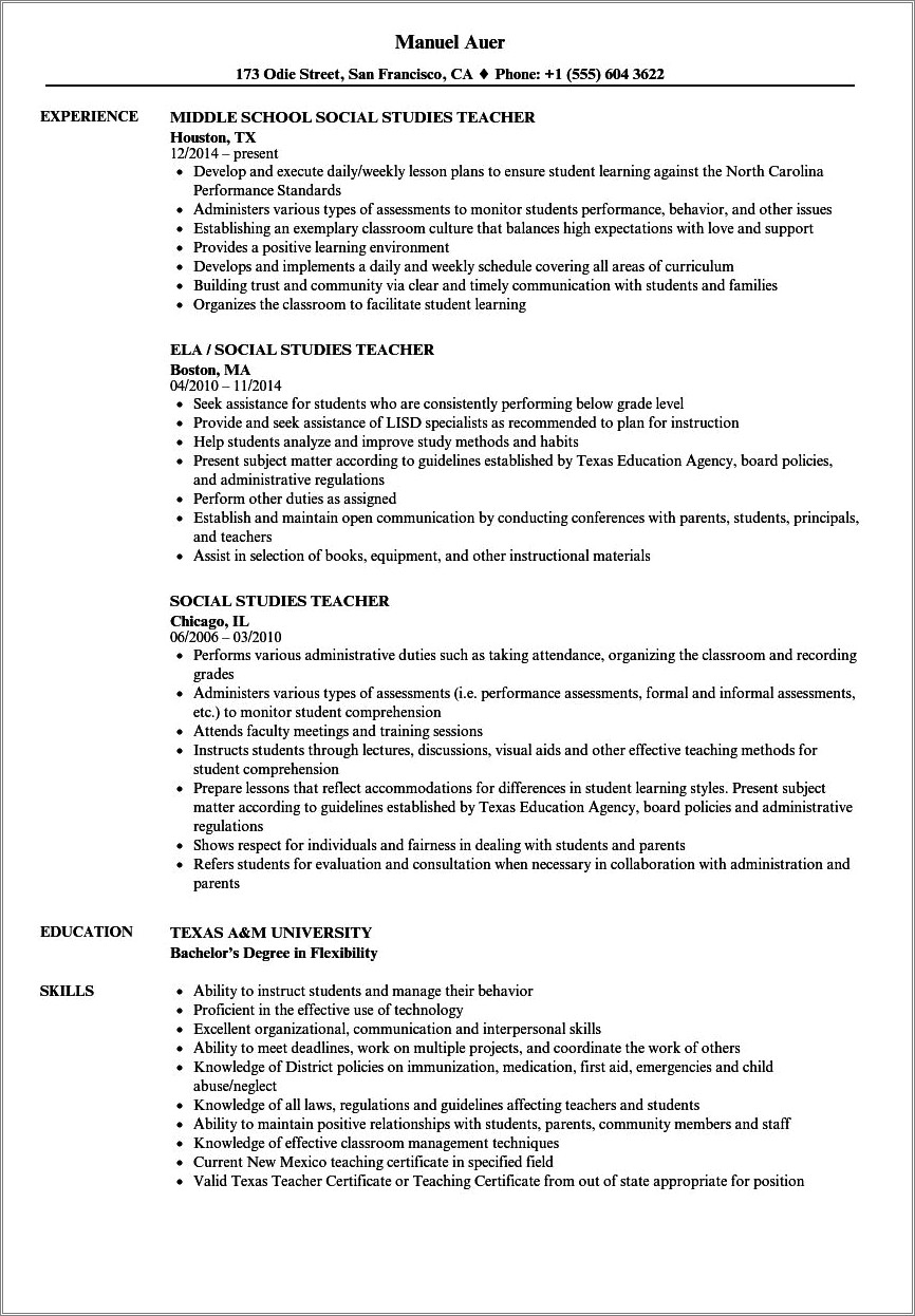 Resume Objectives For A Middle School Teacher