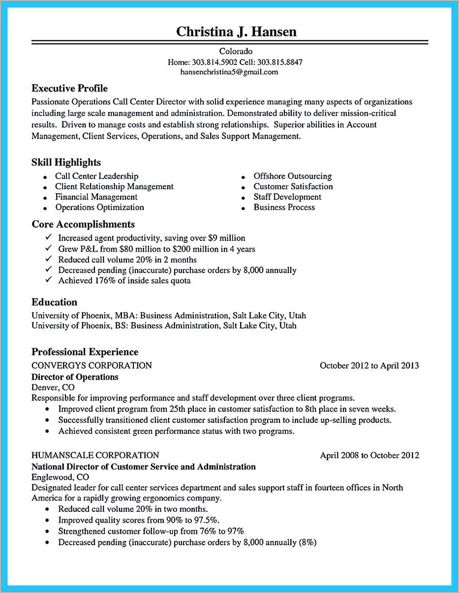 Resume Objectives For Call Center Specialist