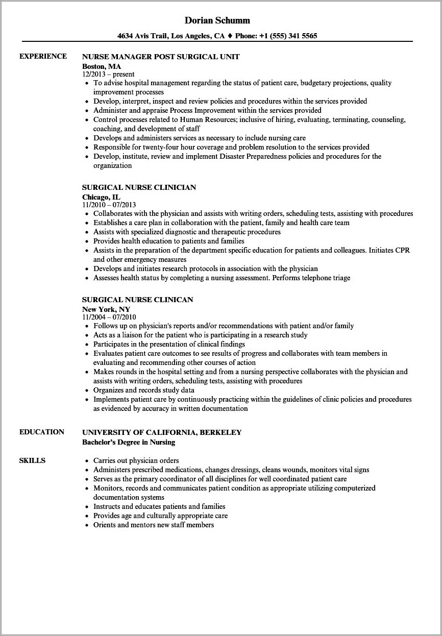 Resume Objectives For Director Medical Surgical