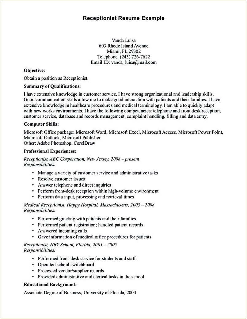 Resume Objectives For Front Desk Receptionist