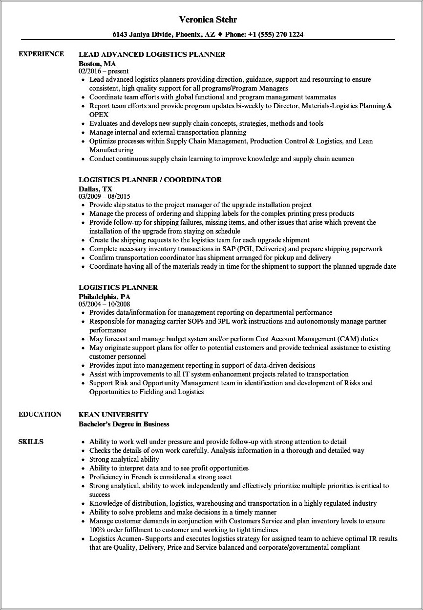 Resume Objectives For Planning Logistics Jobs