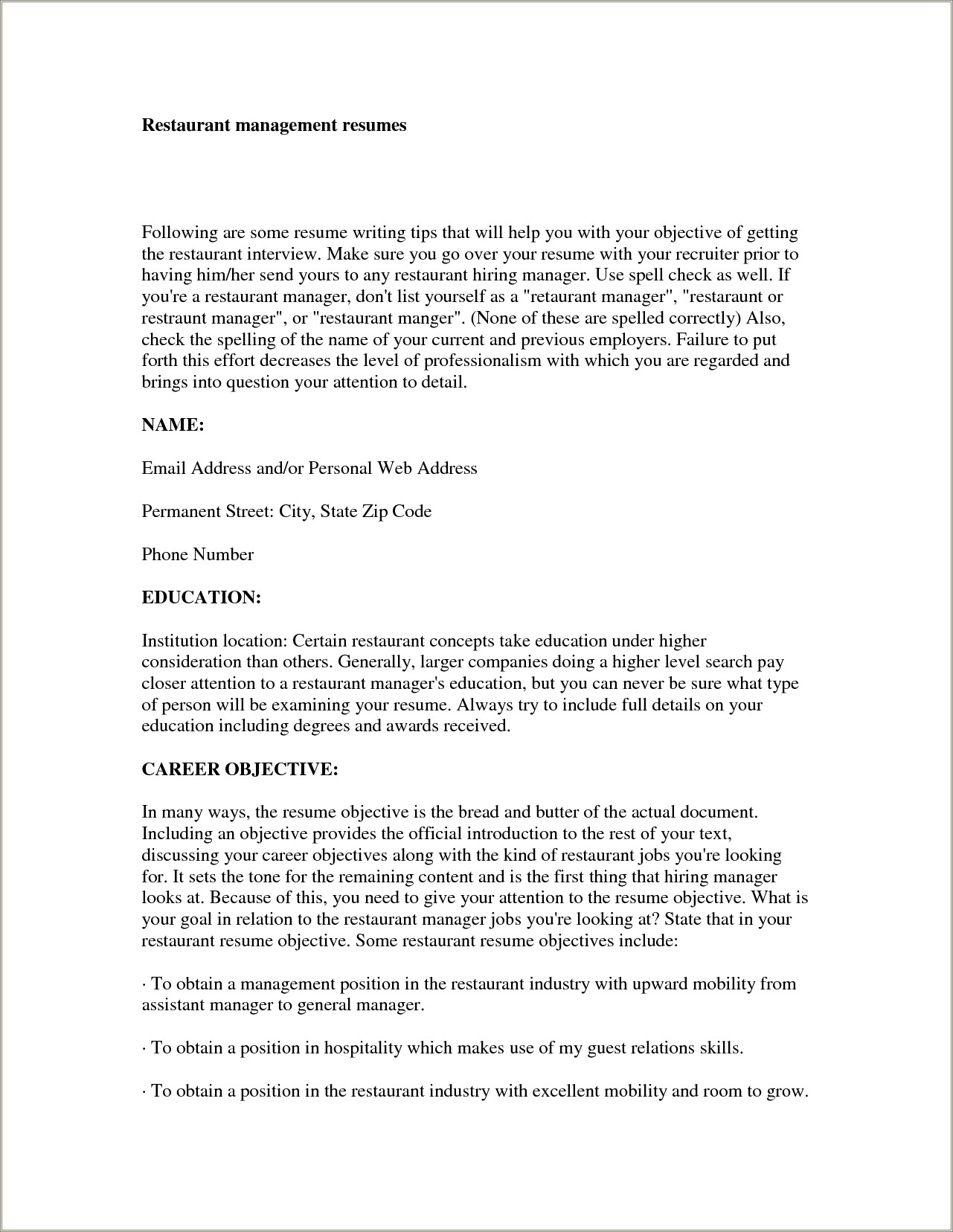 Resume Objectives For Restaurant Manager To Manager