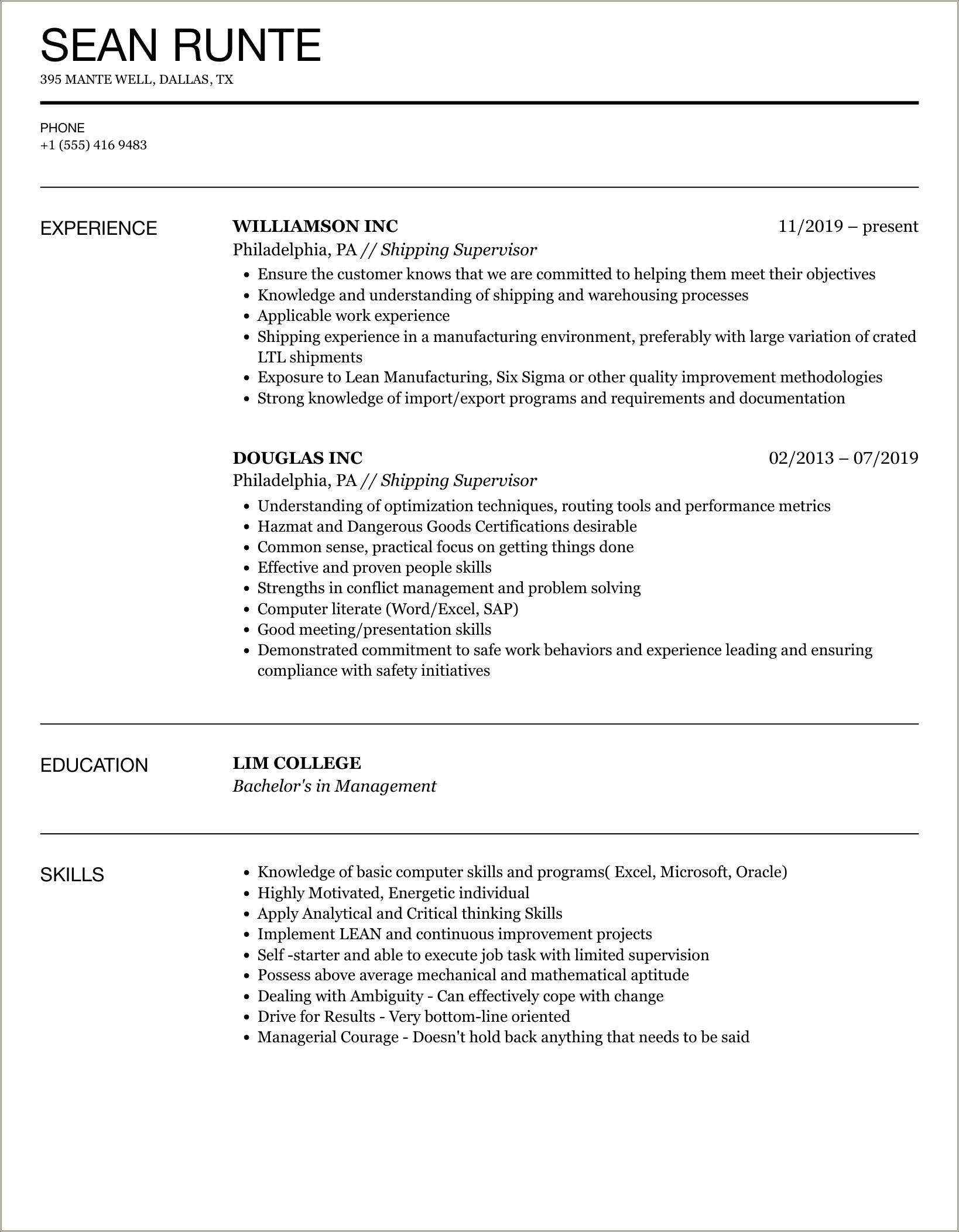 Resume Objectives For Shipping And Receiving Supervisor