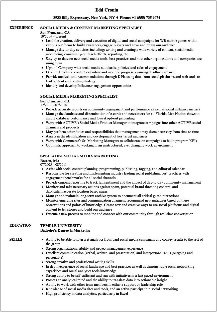 Resume Objectives Social Media Marketing Examples