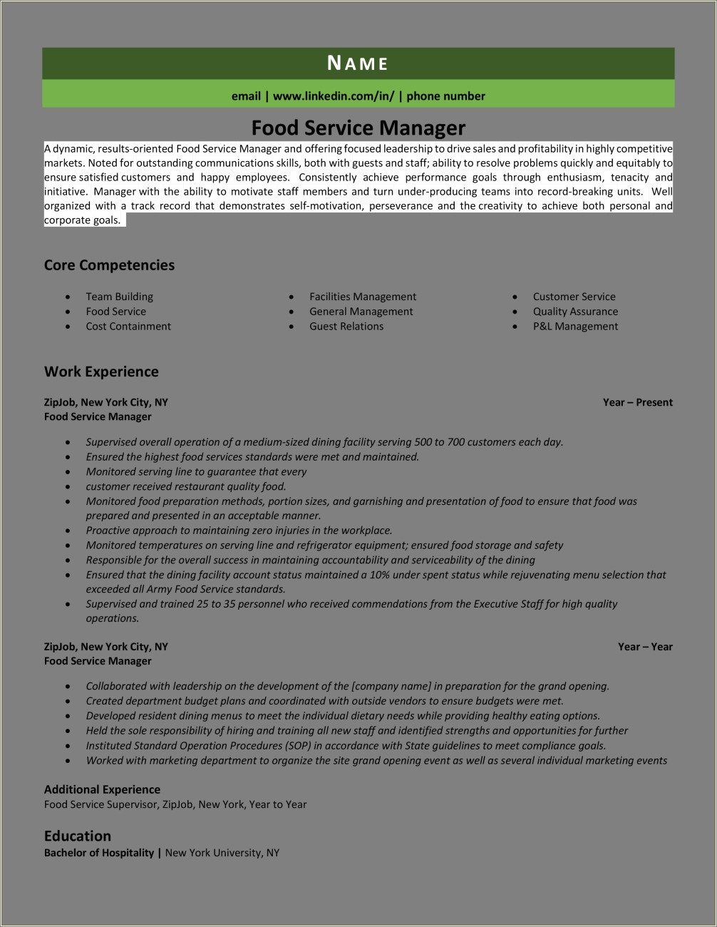 Resume Of A Food Service Manager