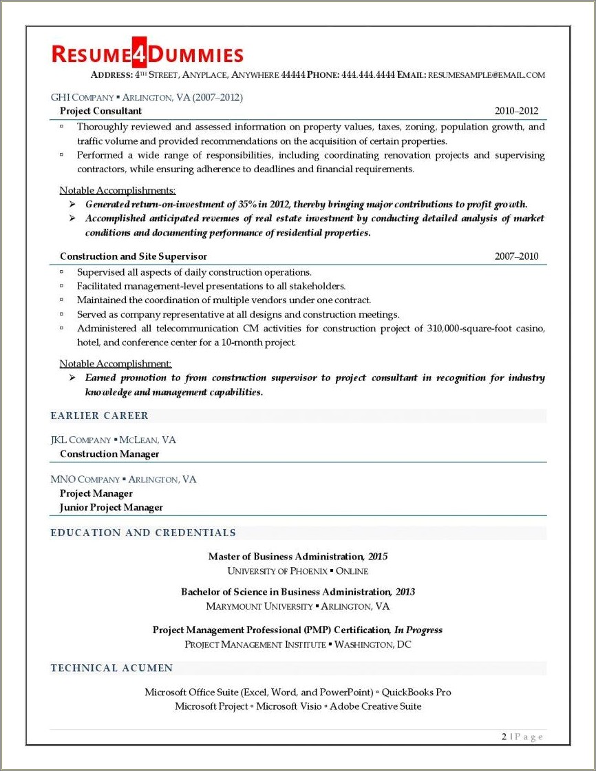 Resume Of A Project Manager For Constuction