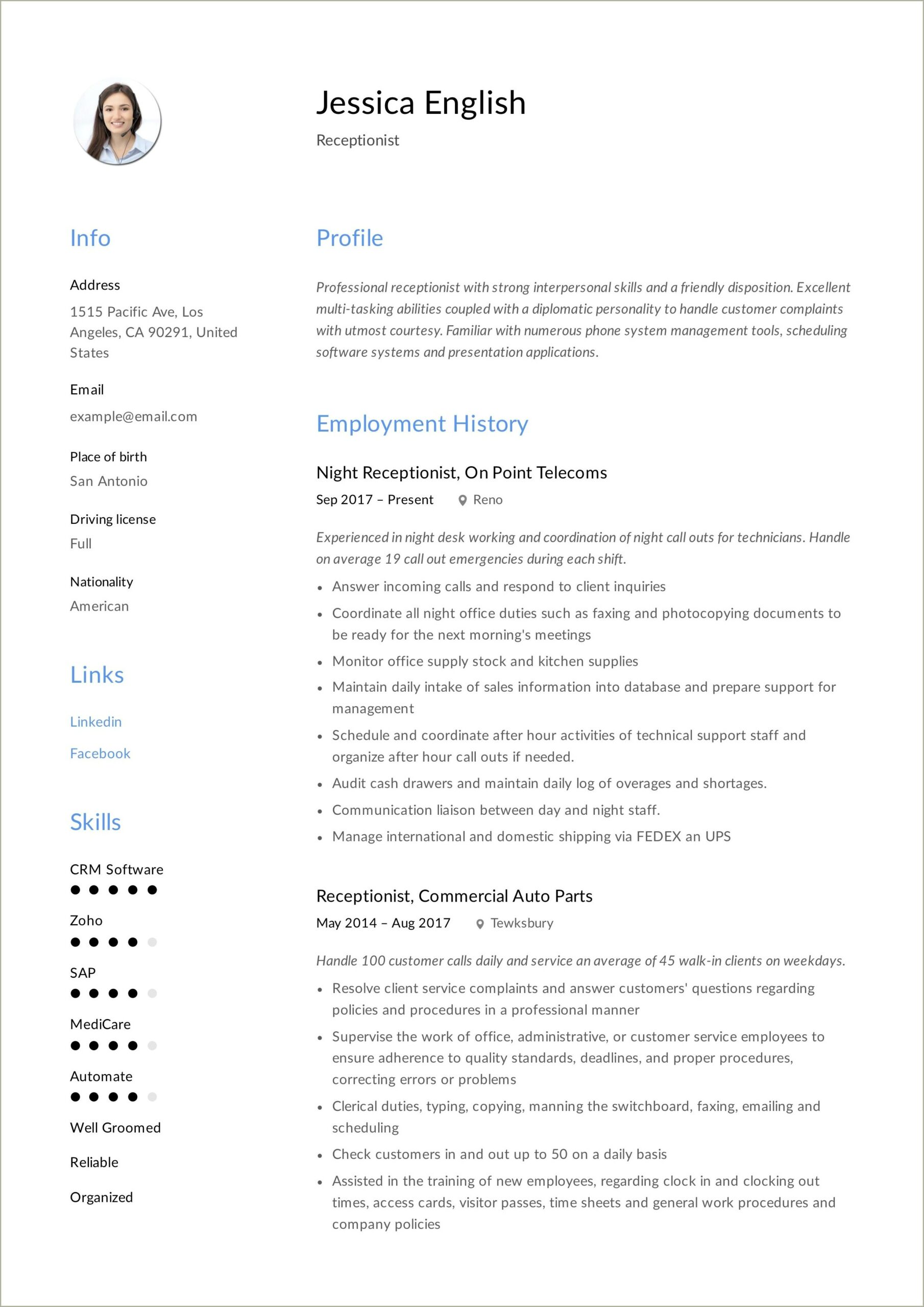 Resume Of A Receptionist For A School Sample