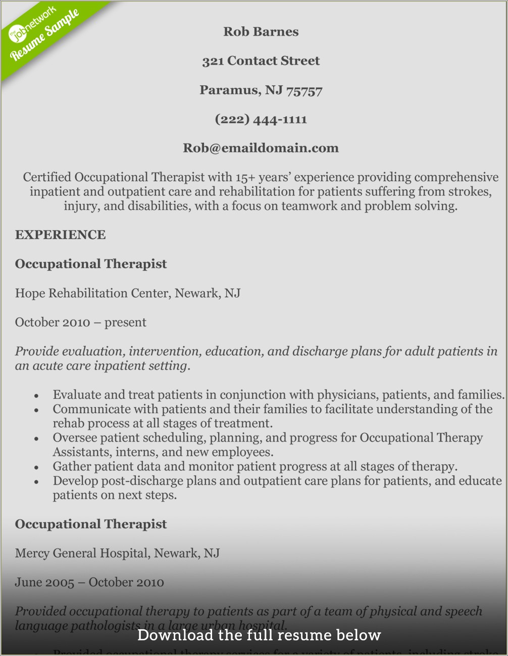 Resume Of An Ot Objective Statement