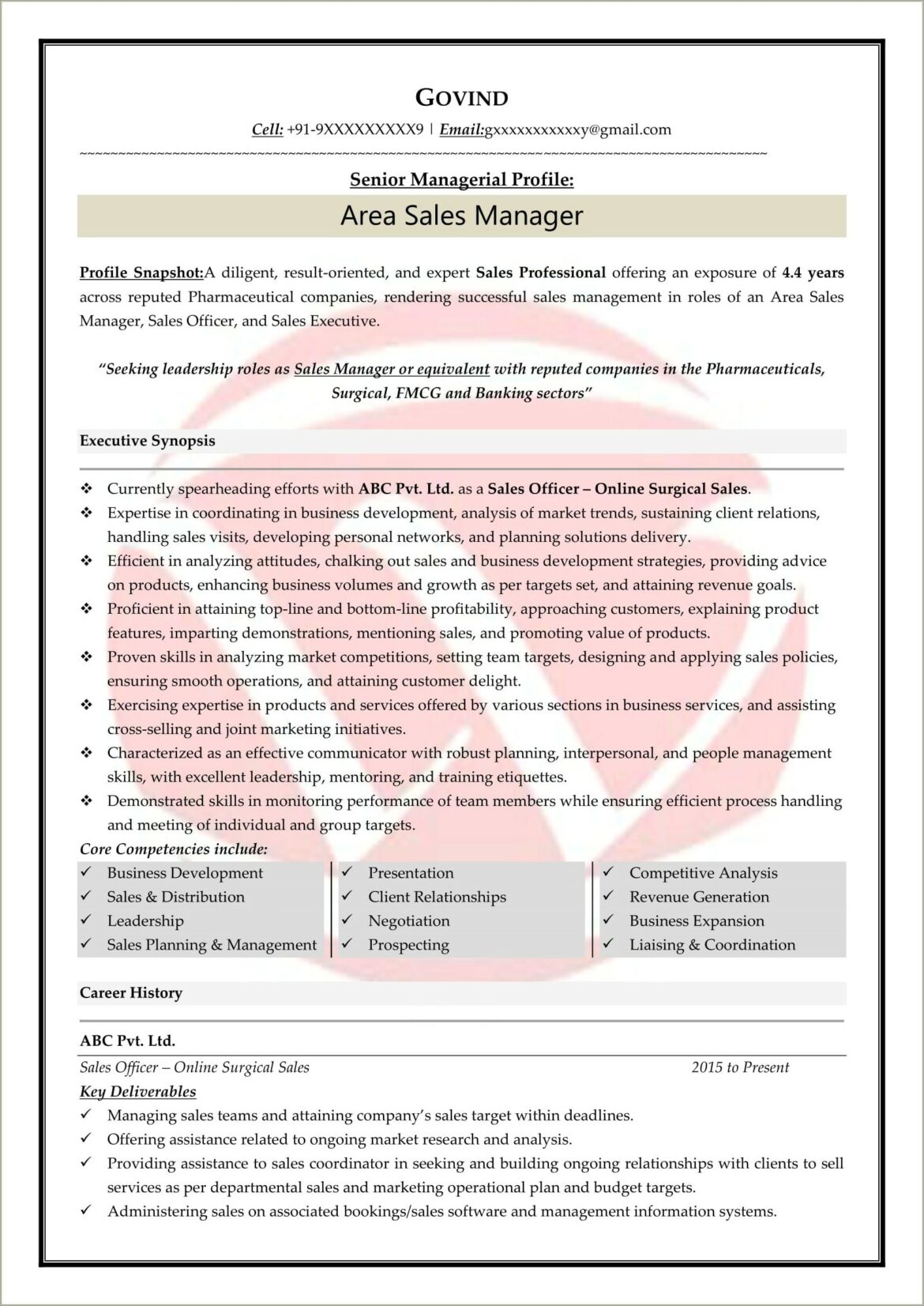 Resume Of Area Sales Manager Fmcg In India