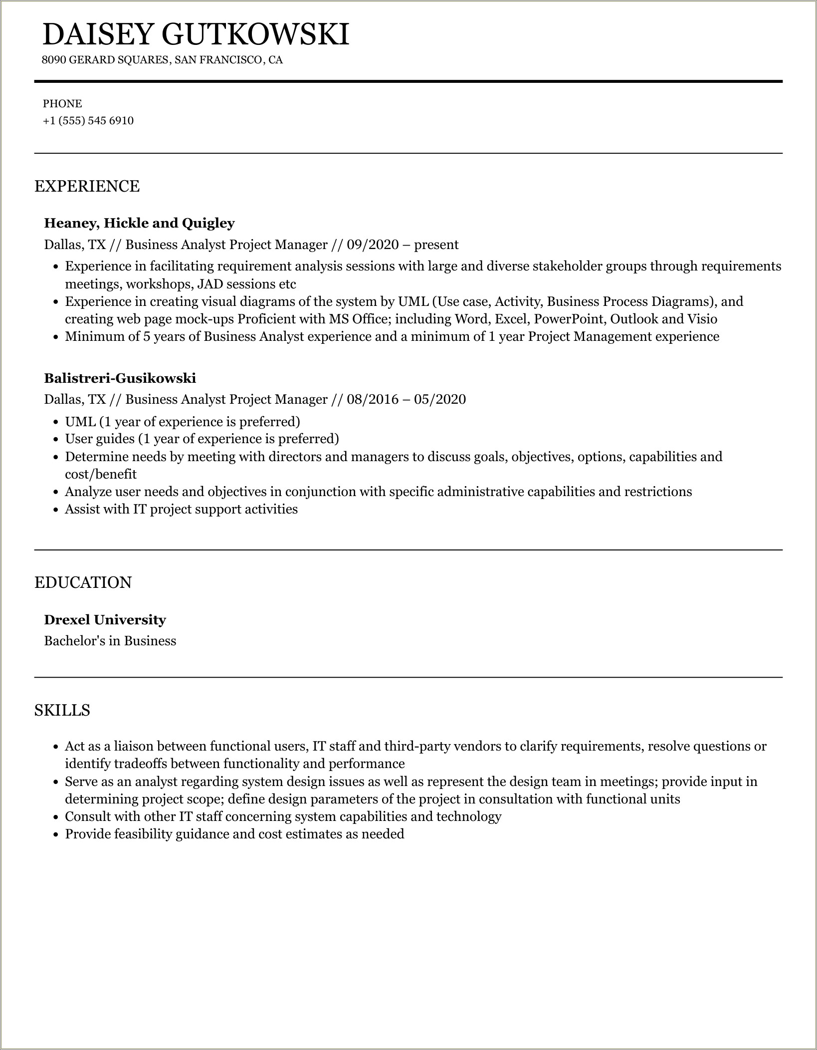 Resume Of Business Analyst And Project Manager Togethwe