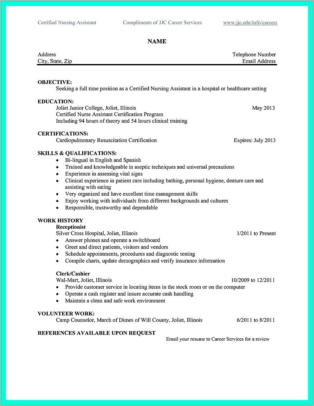 Resume Of Cna Objective With No Exp