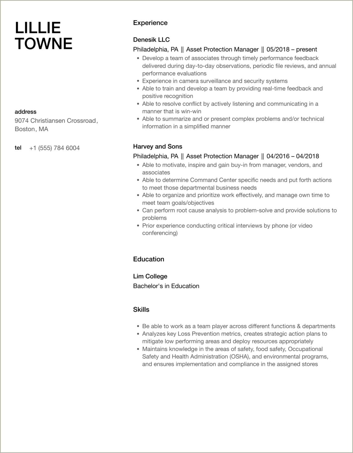 Resume Of District Loss Prevention Manager