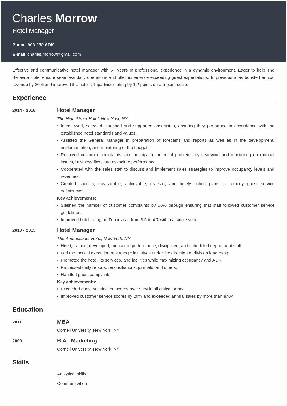 Resume Of Experienced Hotel Managers Examples