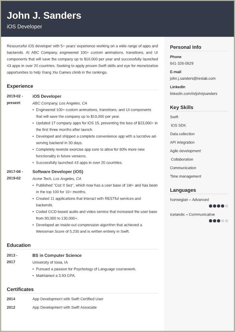 Resume Of Ios Developer With 5 Years Experience