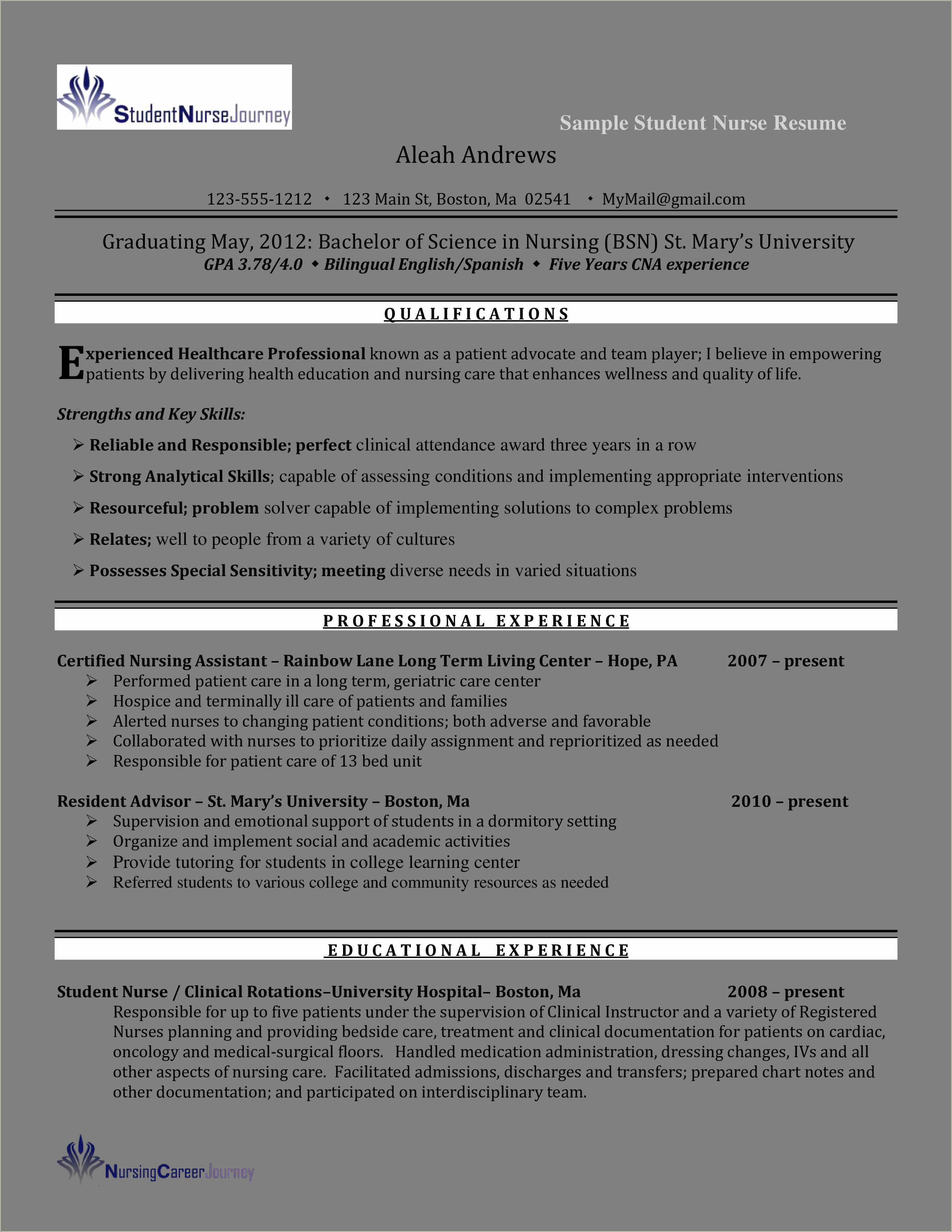 Resume Of Nurse Bsn Sample Pdf