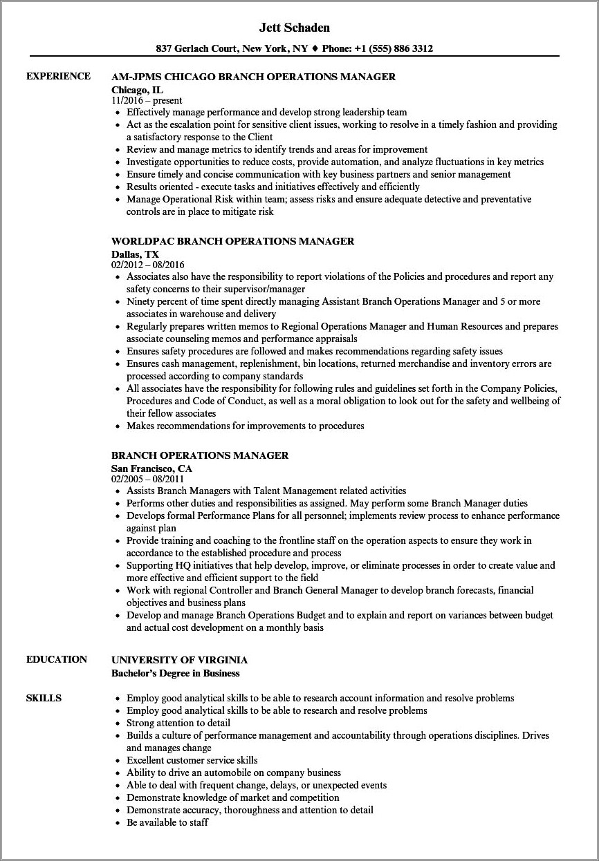 Resume Of Operations Manager In Banks