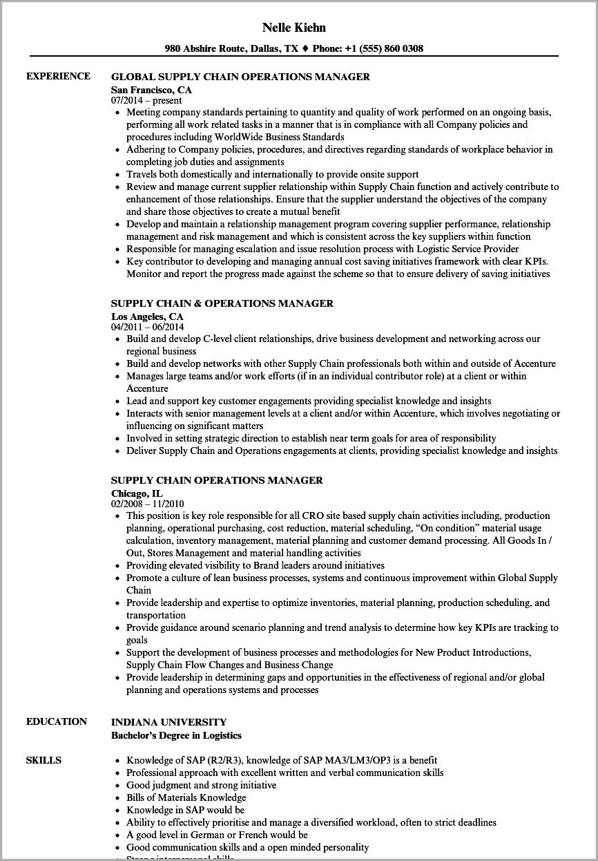 Resume Of Operations Manager In Logistics