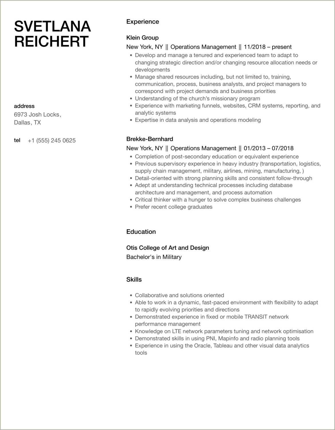 Resume Of Recent College Graduate Operation Management