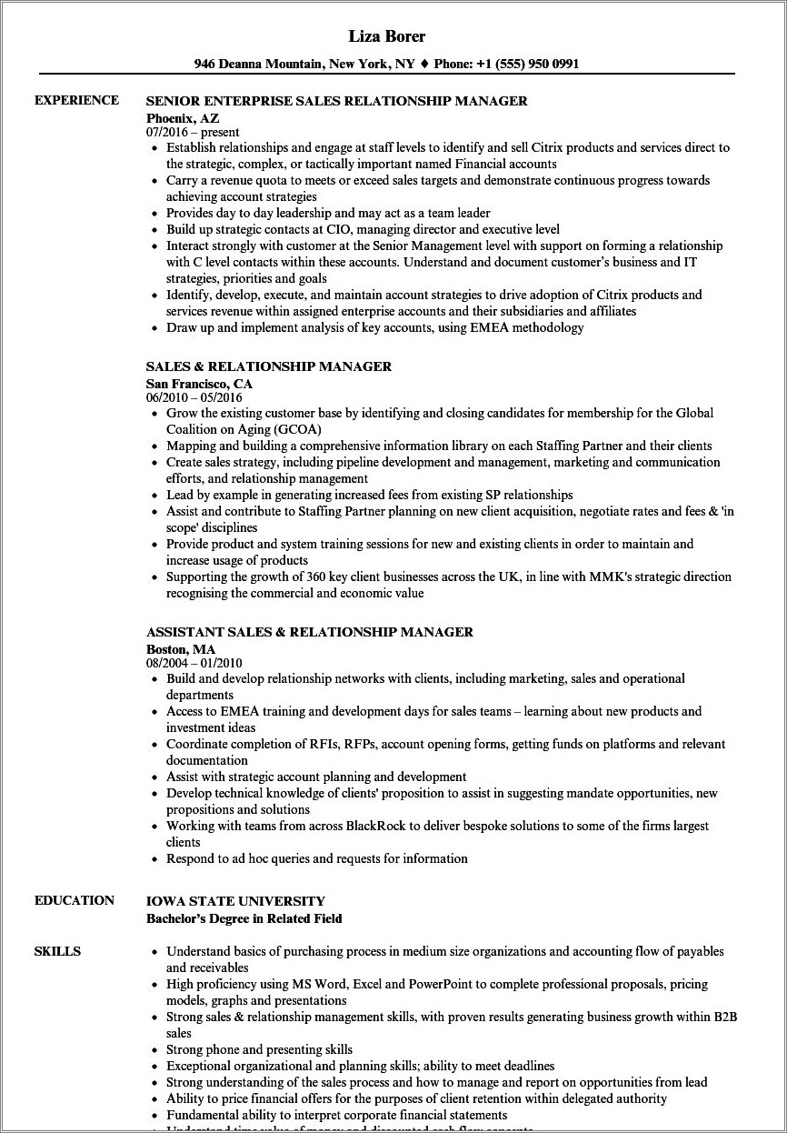 Resume Of Relationship Manager In Telecom