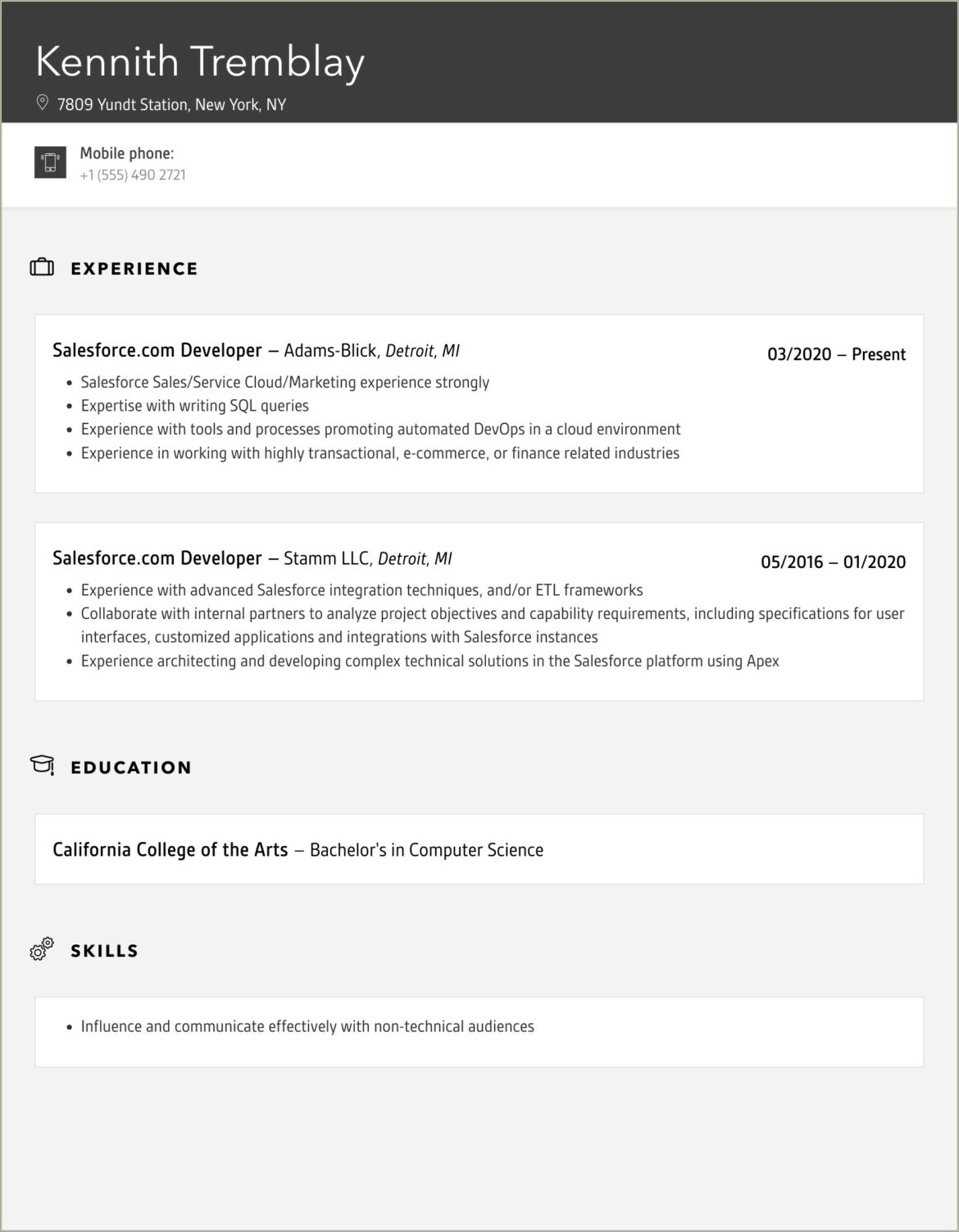 Resume Of Salesforce Developer Experience With Integration