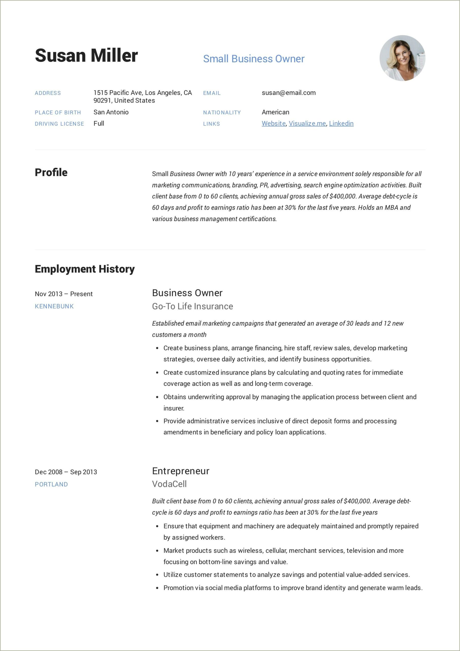 Resume Of Small Business Owner Samples