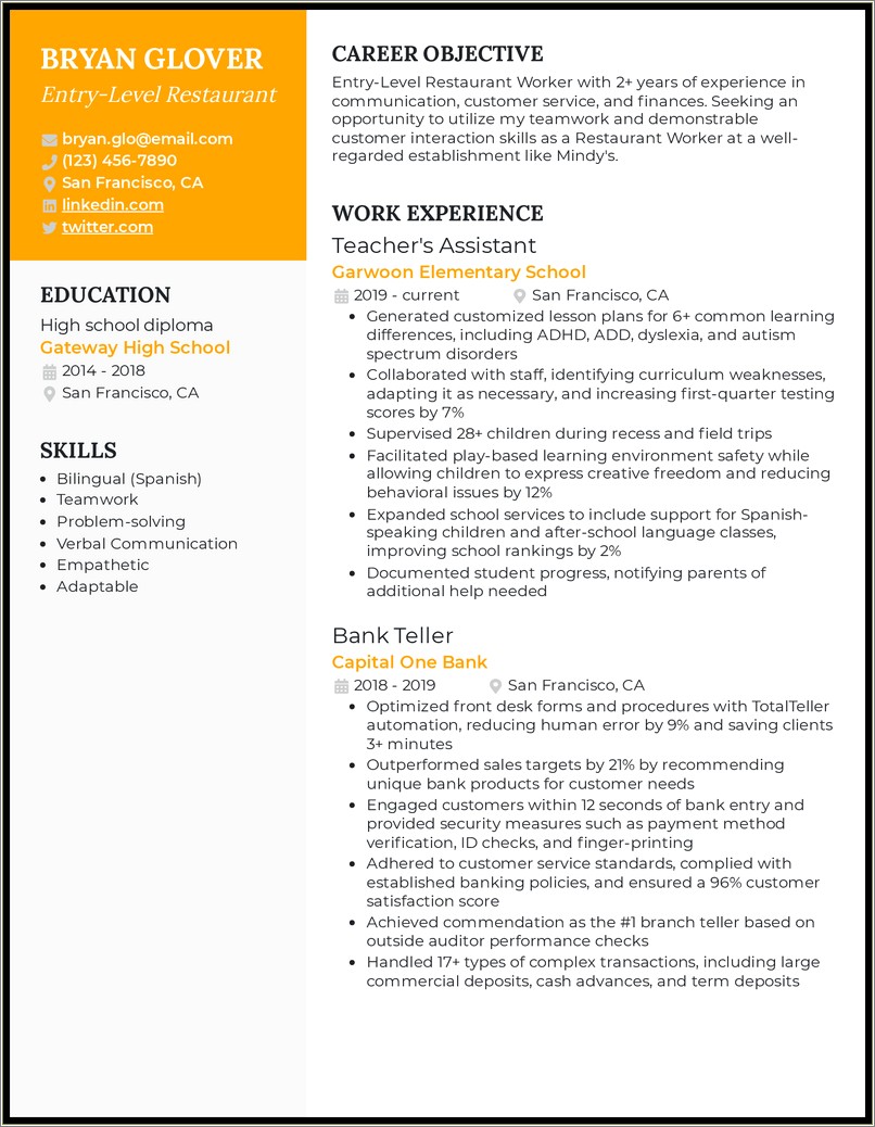 Resume Online Example For A Restaurant